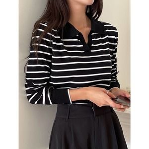 black white preppy Striped print Collared v neck Sweater
